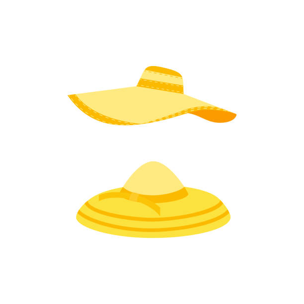 Summer hats icon Women Summer hat icon. Girl beach sunhat flat cartoon. Lady hat for vacation. Woman straw cap for travel wear. Sun protection wide brim sunblock. Holiday weekend sign isolated. Vector illustration sun hat stock illustrations