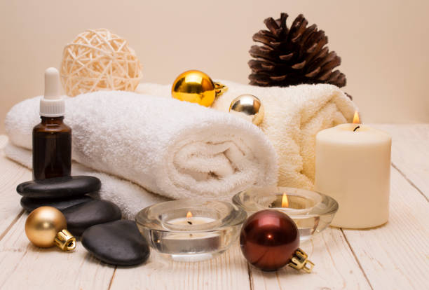 istock spa concept, wellness objects on wood plant , christmas background. Present holiday 891663526