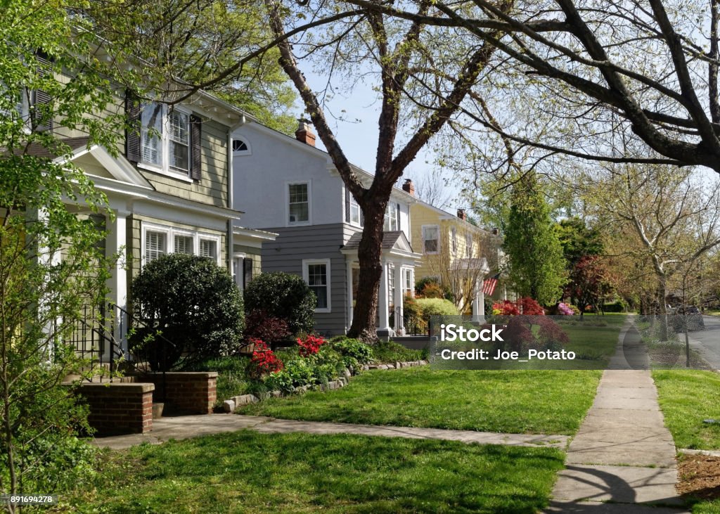 Residential Block in Spring Early spring neighborhood in Richmond, Virginia-refurbished homes, trees, plants, flowers, lawns and sidewalk. Horizontal. Virginia - US State Stock Photo