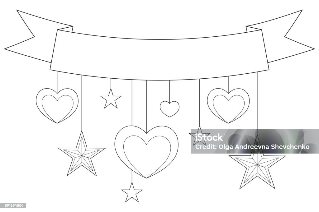 Ribbon, hearts and stars on black and white poster. Ribbon, hearts and stars on black and white poster. Coloring book page for adults and kids. Valentine day holiday vector illustration for gift card, flyer, certificate or banner Abstract stock vector