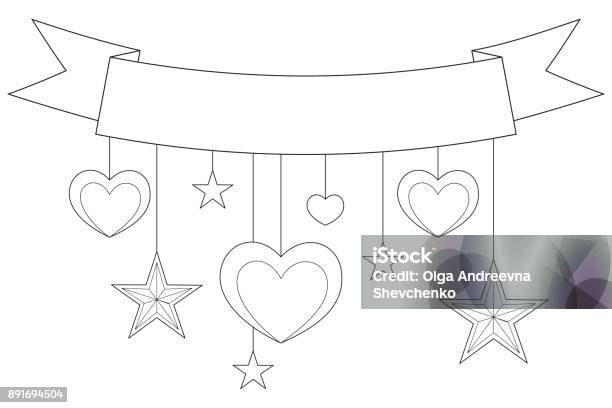 Ribbon Hearts And Stars On Black And White Poster Stock Illustration - Download Image Now