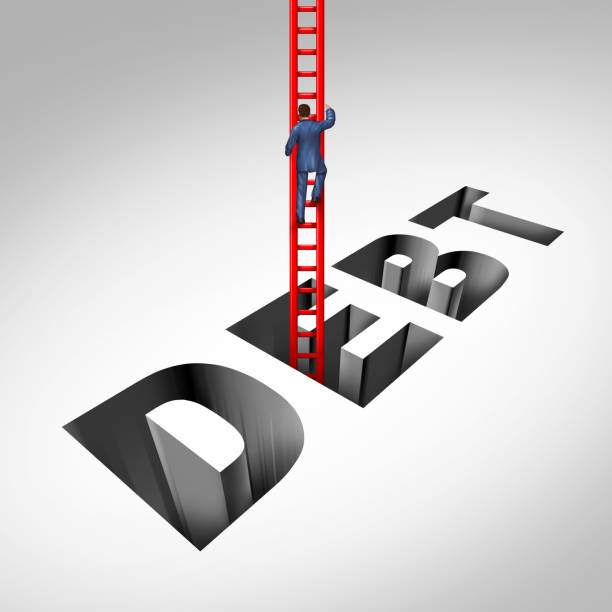 Getting Out Of Debt Getting out of debt and escaping financial problems as a person climbing with a ladder from bankruptcy and budget stress with 3D illustration elements. recover tab stock pictures, royalty-free photos & images