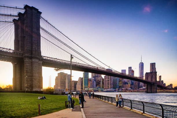 Brooklyn bridge promenade at sunset with Manhattan skyline. Several people are enjoying the boardwalk.
