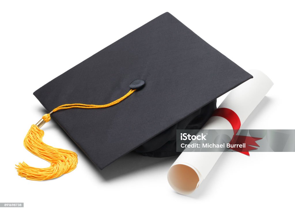 Mortar and Degree Black Graduation Cap with Degree Isolated on White Background. Mortarboard Stock Photo