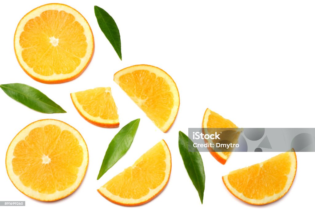 healthy food. sliced orange with green leaf isolated on white background top view Orange - Fruit Stock Photo