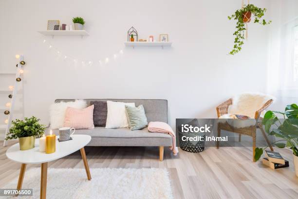 Home Interior With Gray Couch Stock Photo - Download Image Now - Candle, Living Room, Coffee Table