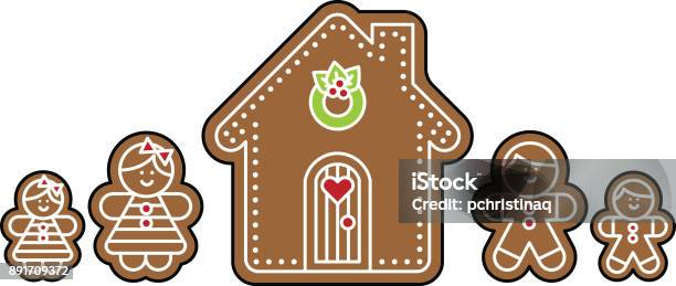 Gingerbread People With House Stock Illustration - Download Image Now - Family, Gingerbread Cookie, Gingerbread House