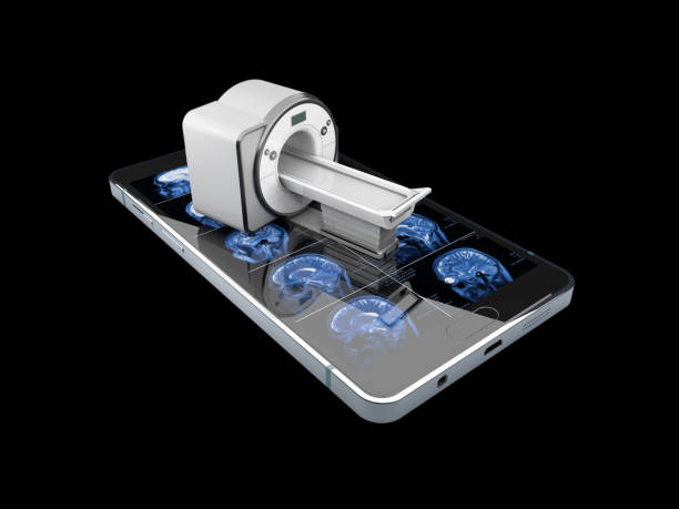 istock Healthcare concept: Smartphone with MRI on display, isolated black, 3d Illustration 891713036