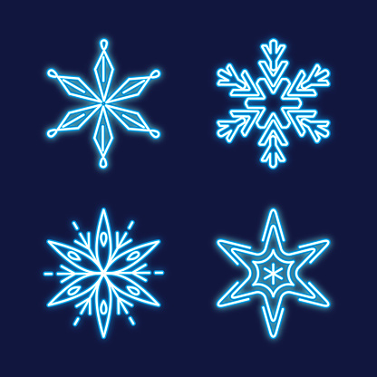 Collection of glowing neon snowflakes in line style isolated on dark background
