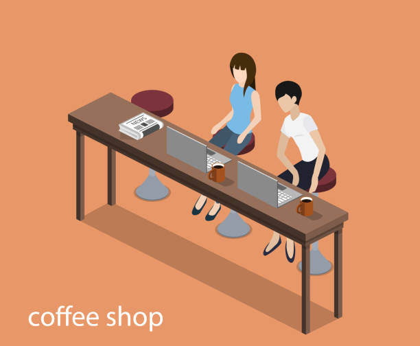 ilustraciones, imágenes clip art, dibujos animados e iconos de stock de vector 3d isométrico ilustración concepto reunión celebrada en la tienda de café - isometric people cafe coffee shop