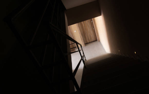 istock Light on end of building coridor, view from above 891759002