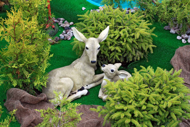 A fawn lying down on gravel with flowers in the background.