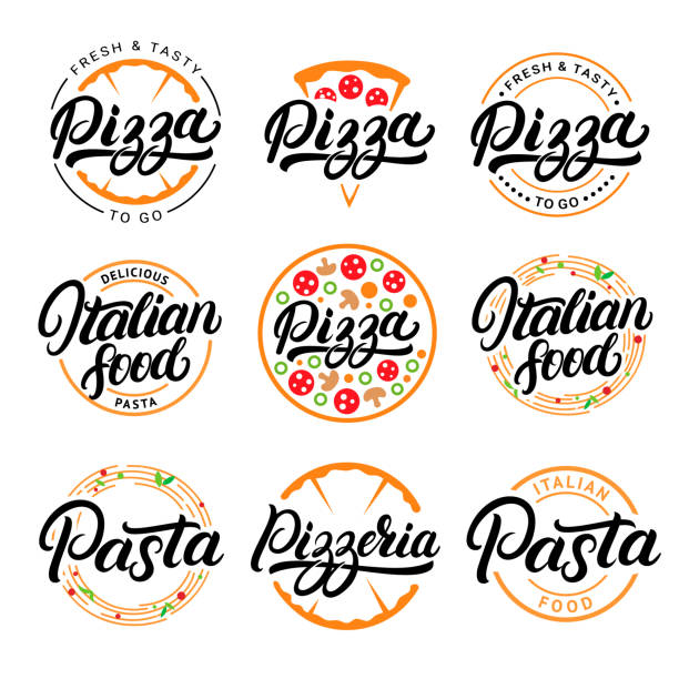 Set of pizza, pasta, pizzeria and italian food hand written lettering symbols, labels, badges. Set of pizza, pasta, pizzeria and italian food hand written lettering symbols, labels, badges. Emblems for fast food restaurant, cafe. Vintage style. Isolated on background. Vector illustration. pizzeria stock illustrations