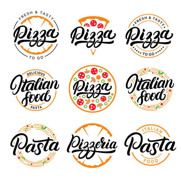 Set of pizza, pasta, pizzeria and italian food hand written lettering symbols, labels, badges. Set of pizza, pasta, pizzeria and italian food hand written lettering symbols, labels, badges. Emblems for fast food restaurant, cafe. Vintage style. Isolated on background. Vector illustration. pics for pizza pizza logo stock illustrations