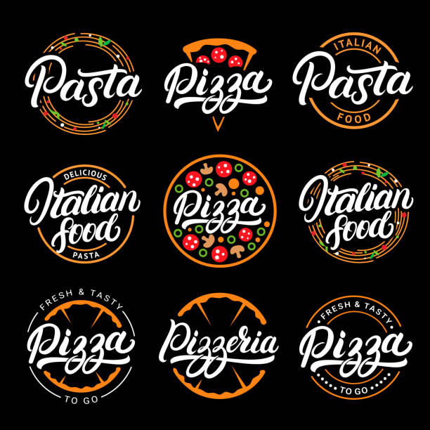 Set of pizza, pasta, pizzeria and italian food hand written lettering symbols, labels, badges. Set of pizza, pasta, pizzeria and italian food hand written lettering symbols, labels, badges. Emblems for fast food restaurant, cafe. Vintage style. Isolated on background. Vector illustration. pizzeria stock illustrations