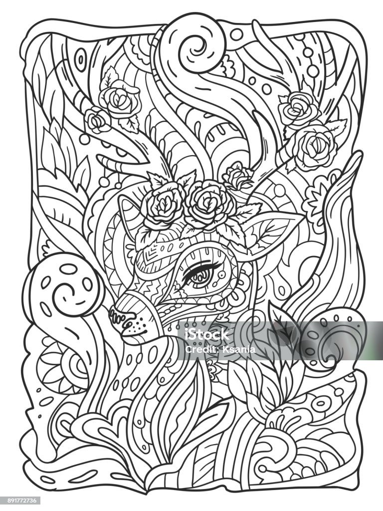 Coloring page for adults with deer with roses. Coloring page for adults with deer with roses. Vector illustration on white background. Reindeer stock vector