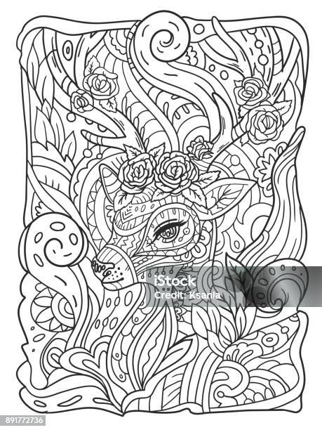 Coloring Page For Adults With Deer With Roses Stock Illustration - Download Image Now - Reindeer, Adult, Coloring