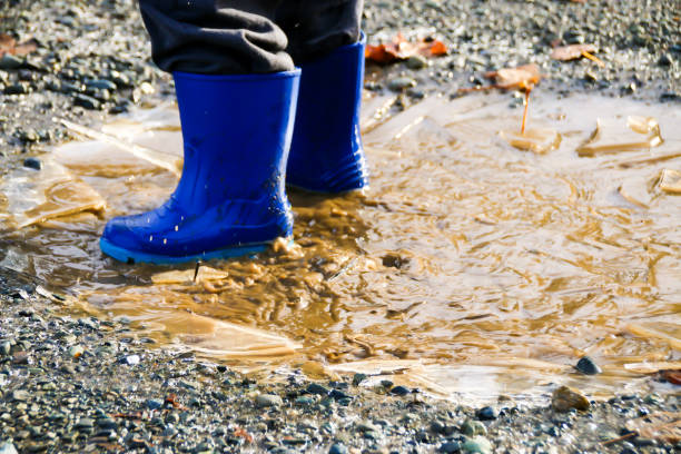 istock Close up of childs boots in puddle 891797798