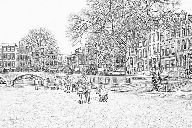 Photo of Pencil drawing from winter in Amsterdam the Netherlands