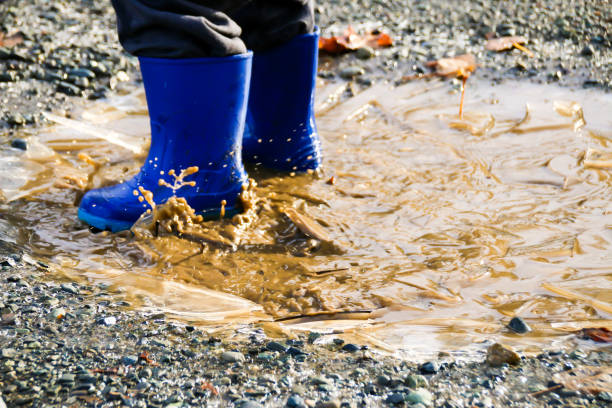 istock Close up of childs boots in puddle 891797872