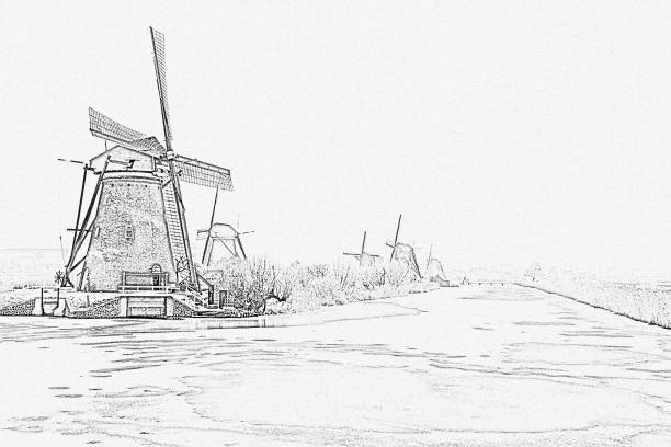 istock Pencl drawing from traditonal windmills in the countryside from the Netherlands 891798264