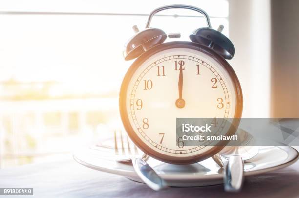 Retro Stopwatch To Put On Plate Weight Loss For Good Healthy Diet Is Sum Of Food Consumed By Person Or Other Organism Lunch Time To Diet Concept Stock Photo - Download Image Now