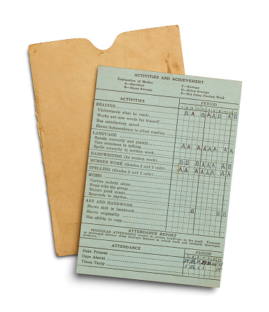 Old Vintage Report Card Isolated on a White Background.