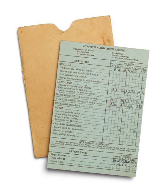 Old Report Card Old Vintage Report Card Isolated on a White Background. report card stock pictures, royalty-free photos & images