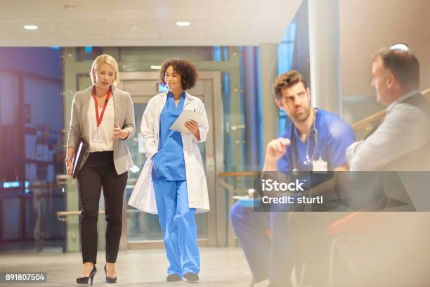 Doctor Listening To Sales Rep In Hospital Corridor Stock Photo - Download Image Now - Doctor, Healthcare And Medicine, Business Person