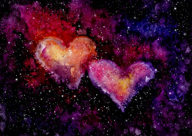Watercolor Hearts Nebula and Deep Space Watercolor 2 Hearts Nebula in Red Colors and Deep Space glow in the dark hearts background stock illustrations