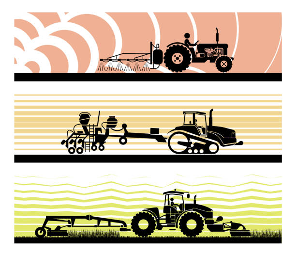 Agricultural mechanization icons. Set of different types of gardening and agricultural vehicles and machines. Spraying, agricultural protection, sowing, mowing, harvesting, planting, Agricultural works, soil preparation, arable land. tractor mowing stock illustrations