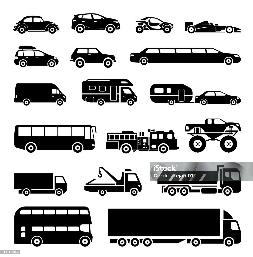 Signs presenting different means of transportation. Collection of signs presenting different modes of transport on land. Modern means of transportation. Transportation icons. Bus stock vector