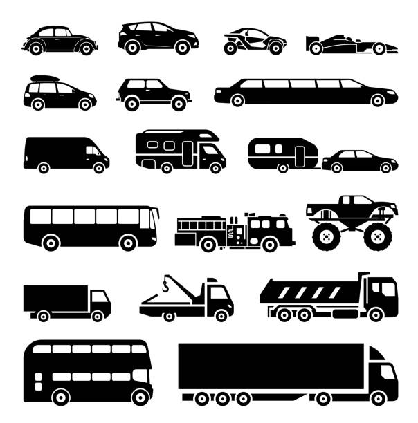 Signs presenting different means of transportation. Collection of signs presenting different modes of transport on land. Modern means of transportation. Transportation icons. Bus stock illustrations