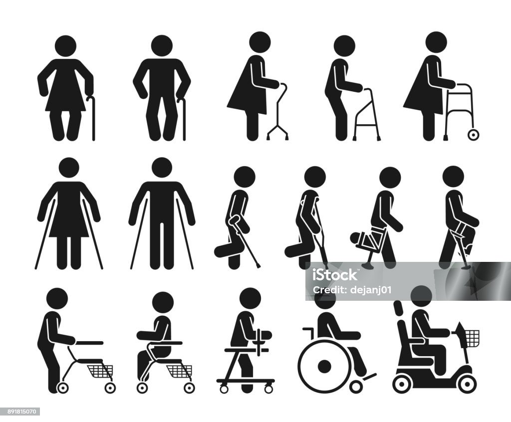 Set of icons which represent people using various orthopedic equipment. Pictograms that represent handicapped, elderly and injured people who use orthopedic accessories and wheel chair to help them move. Icon Symbol stock vector