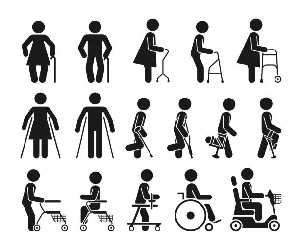 Set of icons which represent people using various orthopedic equipment. Pictograms that represent handicapped, elderly and injured people who use orthopedic accessories and wheel chair to help them move. patient symbols stock illustrations