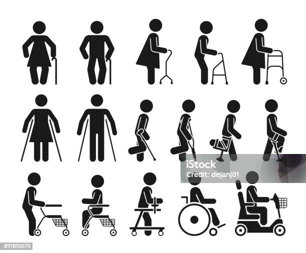 Set Of Icons Which Represent People Using Various Orthopedic Equipment Stock Illustration - Download Image Now