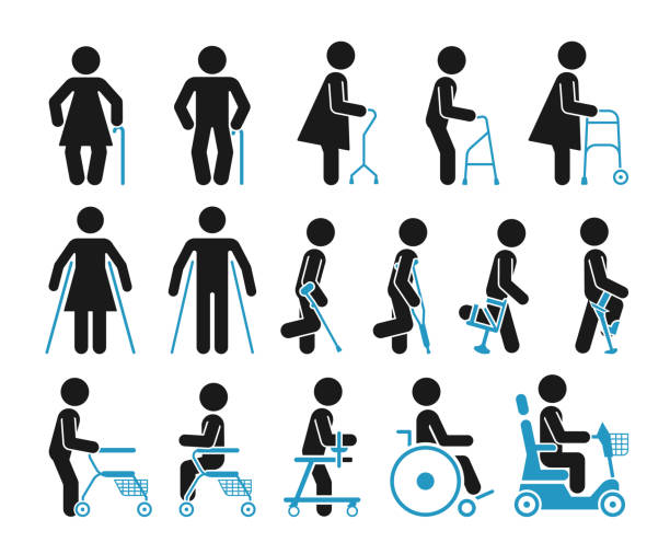 illustrazioni stock, clip art, cartoni animati e icone di tendenza di set di icone che rappresentano le persone che utilizzano varie apparecchiature ortopediche. - men crutch isolated support