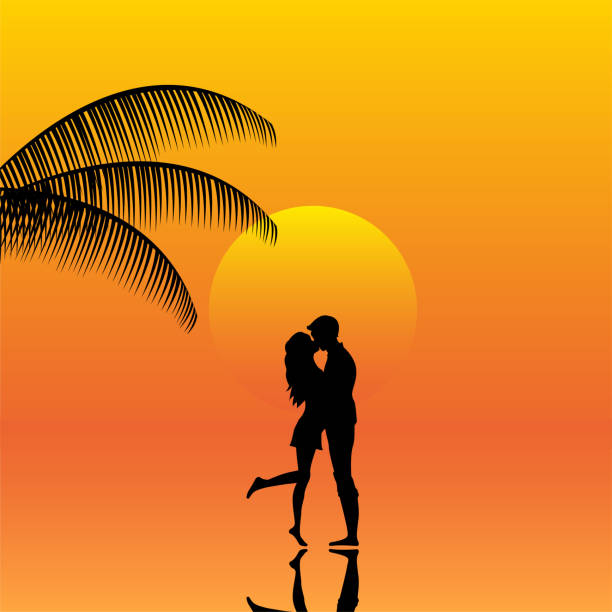 illustrations, cliparts, dessins animés et icônes de paysage du couple dans un coucher de soleil sur la plage - romance travel backgrounds beaches holidays and celebrations