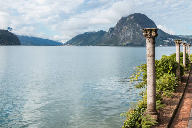 colonnade with Ionic order columns at lake Lugano in Switzerland