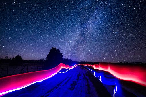 Colorful Lights and Milky Way Galaxy - Patterns and streaks of light and scenic astrophotography landscape.