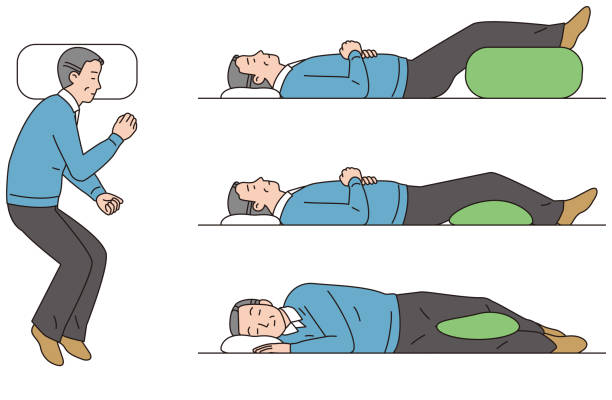 Sleeping posture to reduce back pain Men with low back pain lying on side stock illustrations