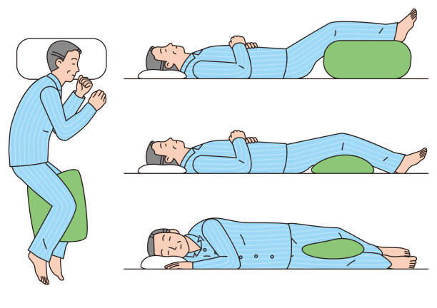 ilustraciones, imágenes clip art, dibujos animados e iconos de stock de durmiendo en el momento del dolor de espalda - acostado de espalda