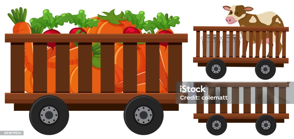 Vegetables and cow in the wooden wagons Vegetables and cow in the wooden wagons illustration Agricultural Field stock vector