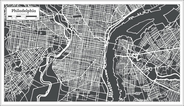 レトロなスタイルのフィラデルフィア ペンシルベニア州アメリカ マップ。概要地図。 - philadelphia点のイラスト素材／クリップアート素材／マンガ素材／アイコン素材
