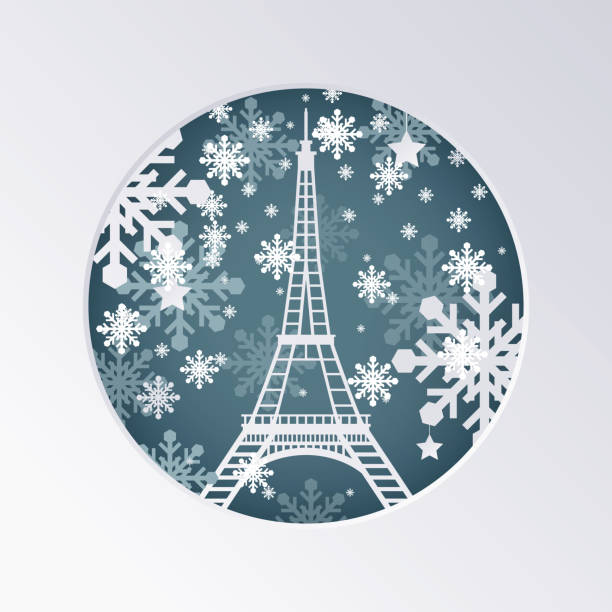 Christmas Paper Cut Greeting Card with Eiffel Tower in Paris France. Christmas Paper Cut Greeting Card with Eiffel Tower in Paris France. Vector Illustration. Happy New Year Concept with Snowflakes. eiffel tower winter stock illustrations