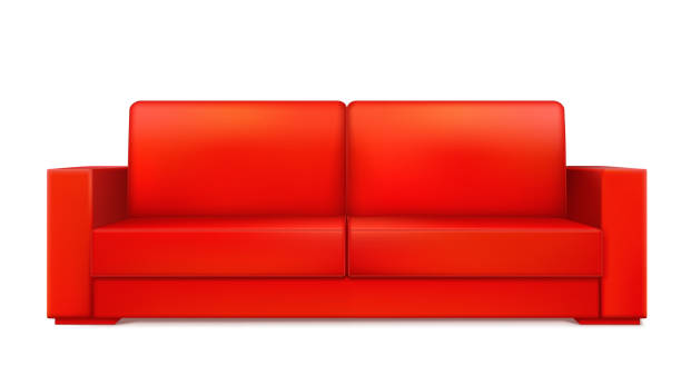 istock Red modern luxury sofa for living room, reception or lounge. Icon of single object, realistic design, vector isolated on white background, 3D illustration 891900968