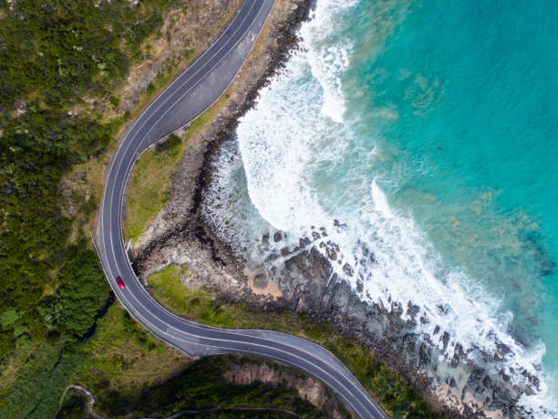 Aerial Great Ocean Road Looking down on the beautiful roads of the Great Ocean Road, Victoria. great ocean road photos stock pictures, royalty-free photos & images