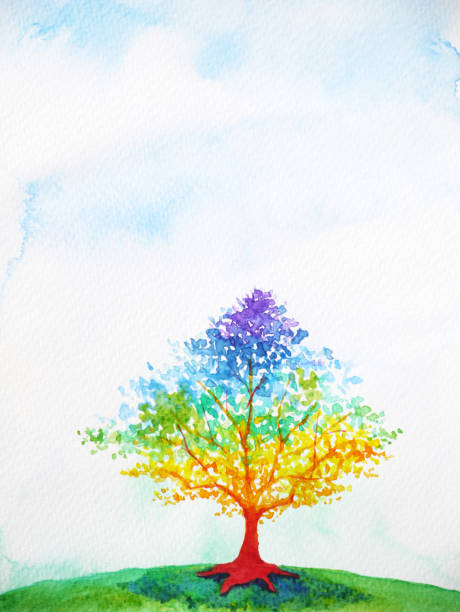 kolor drzewa tęczy kolorowy akwarela malarstwo ilustracja projekt - tree symbol watercolour paints watercolor painting stock illustrations