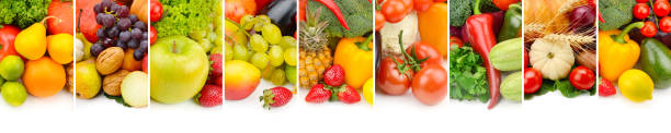 istock Collection fresh fruits and vegetables isolated on white background. Panoramic collage. Wide photo with free space for text. 891945806