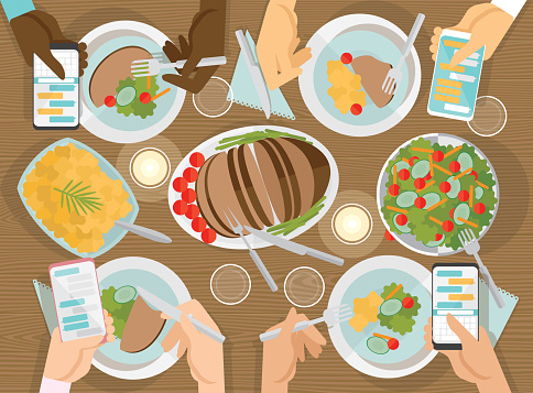 Top view illustration of people having dinner while using cell phone.